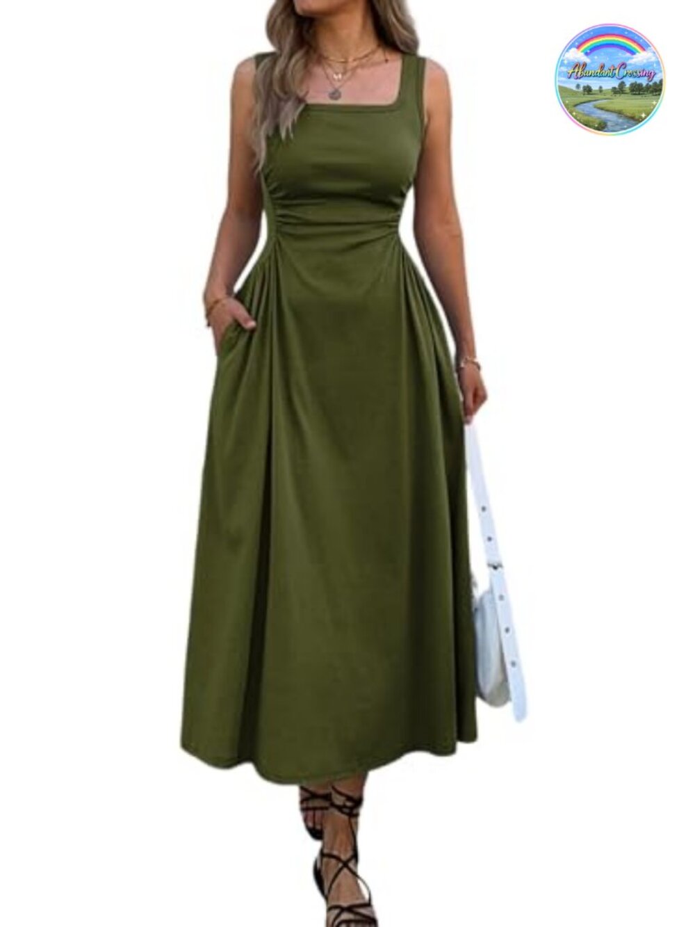 Sleeveless Square Neck Slim-Fit Maxi Dress Ruched Waist A-Line with Pockets